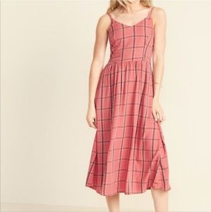 Old Navy Cami Midi Dress Window Pane Plaid Smocked Bodice Salmon Pink XS